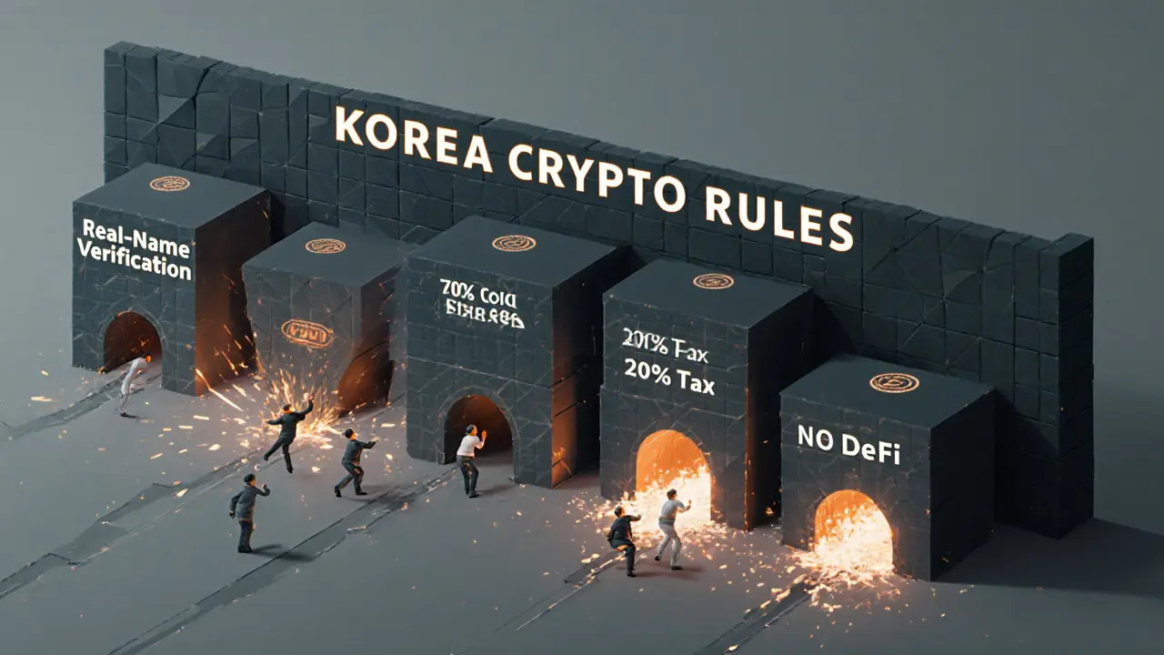 A massive wall of crypto regulations blocks traders, with only four safe paths glowing below.