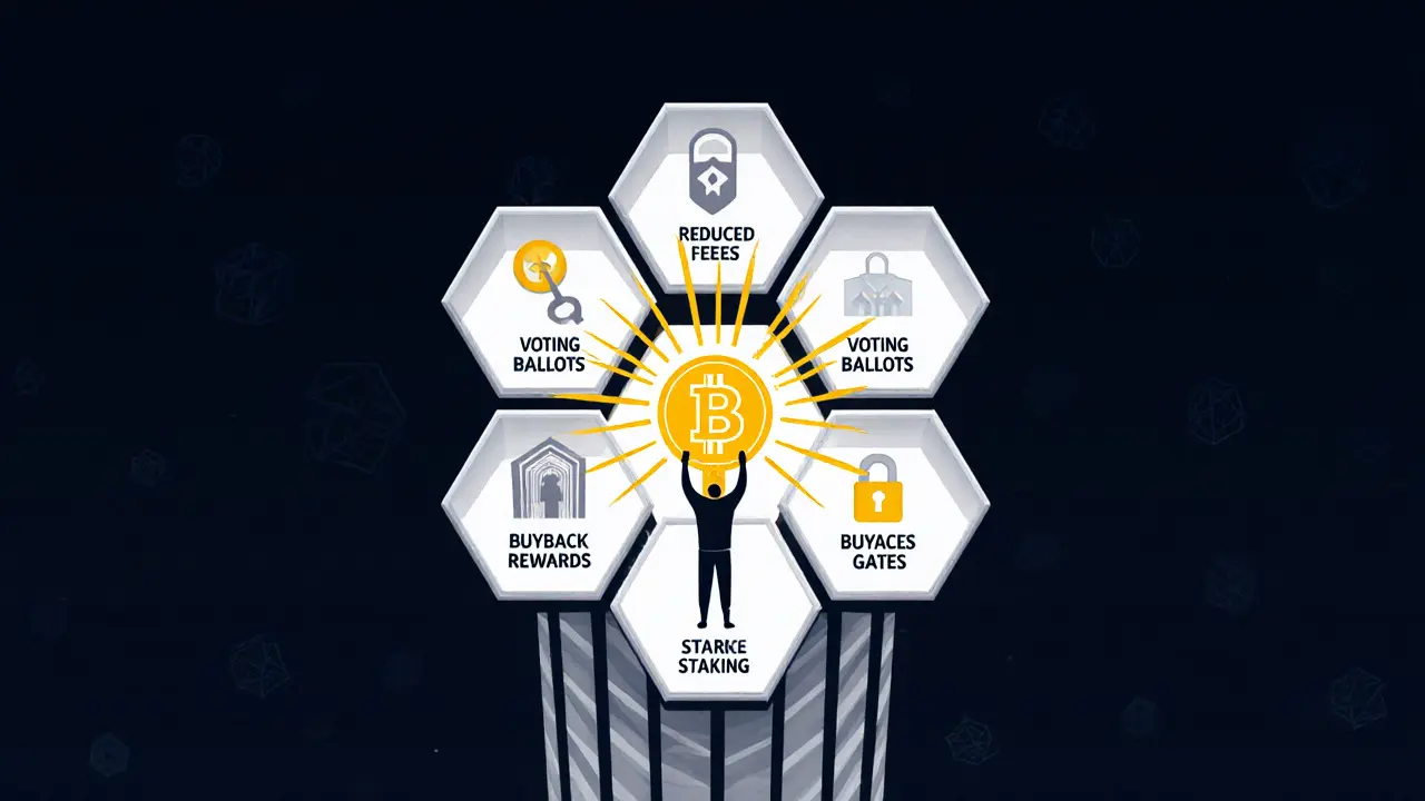 A modular exchange tower with six facets representing BIT token utilities like fees, voting, and staking.