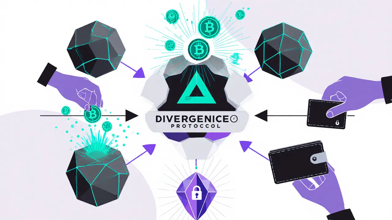 A network of crypto assets feeding into Divergence Protocol, emitting DIVER tokens as geometric particles for users and governance.
