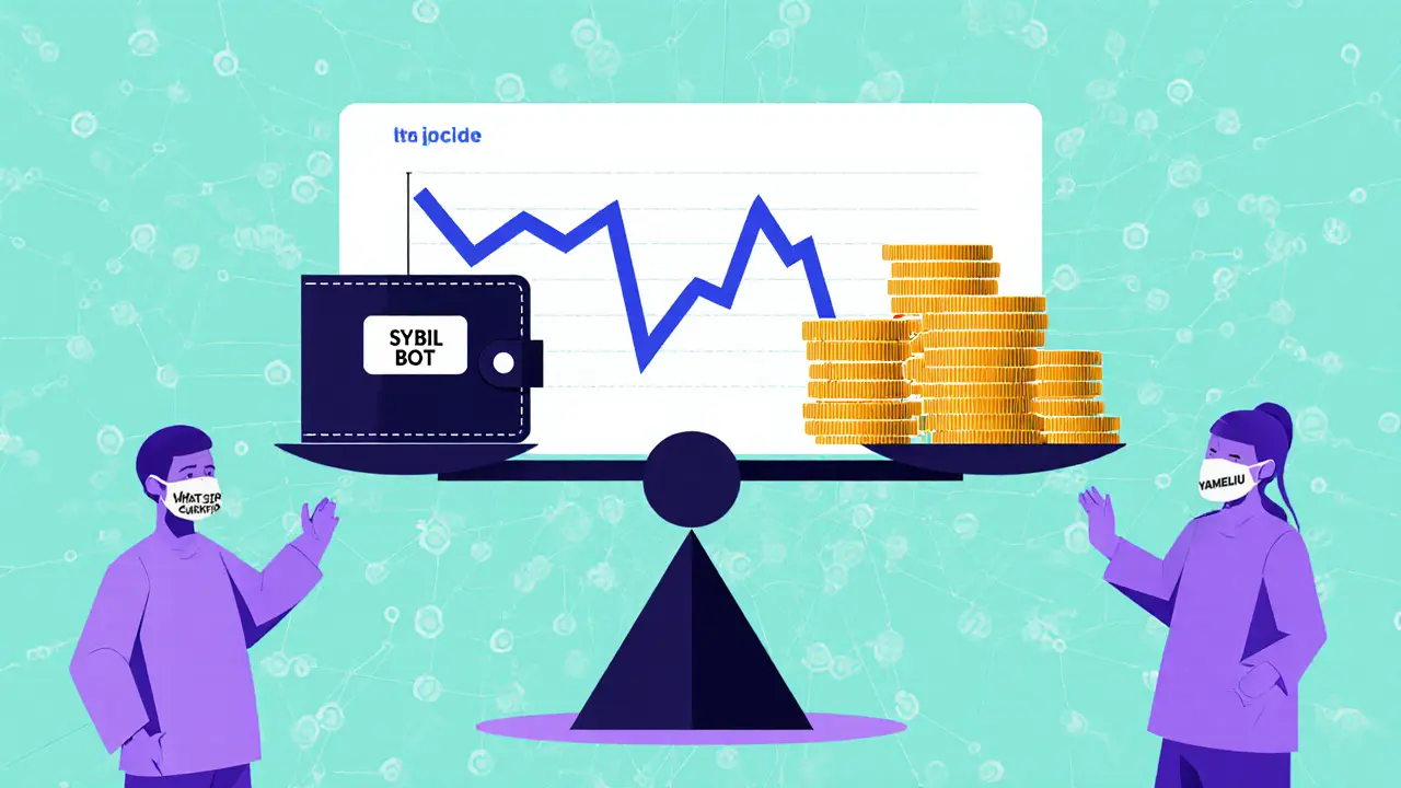 A scale balancing a Sybil bot against .2B in ETH, with a collapsing price chart.