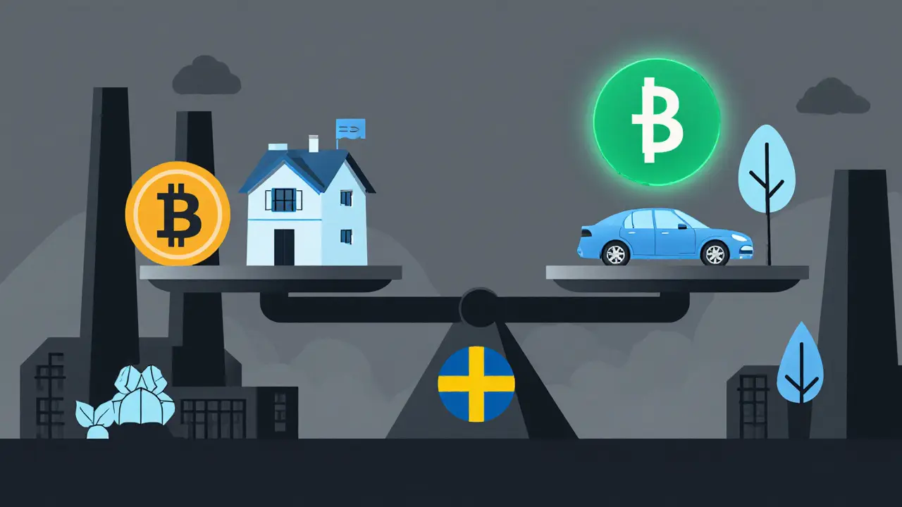 A scale balancing Bitcoin mining against essential services like homes and hospitals in Sweden.