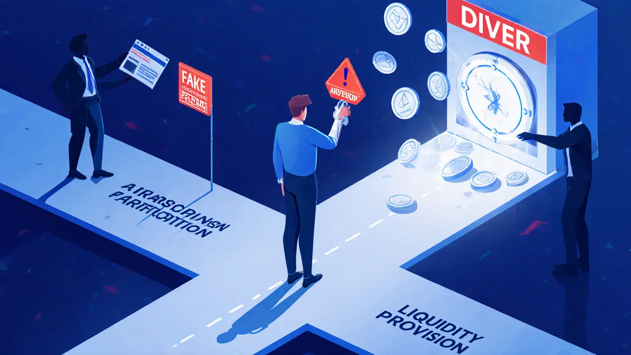 A trader at a crossroads choosing between a scam site and active participation in a DeFi protocol with reward tokens.