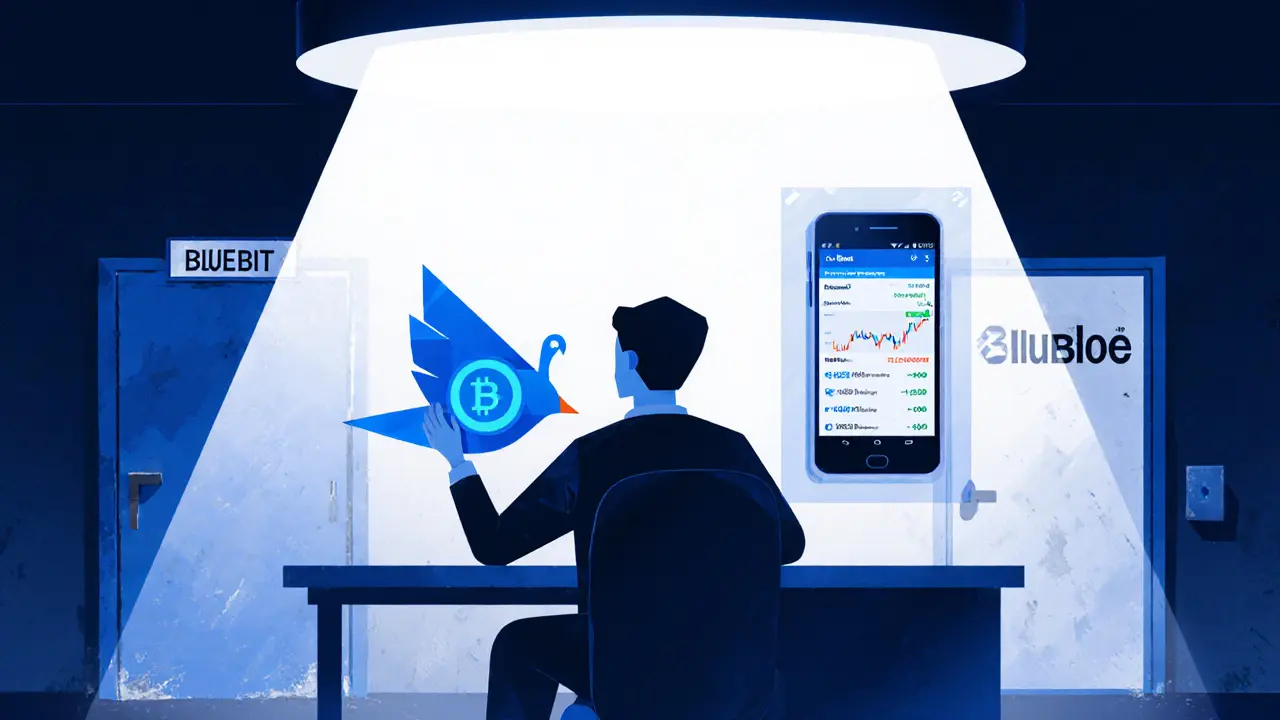 A trader holding a BlueSparrow token with an Android app showing price alerts, beside a softly glowing BlueBit door.