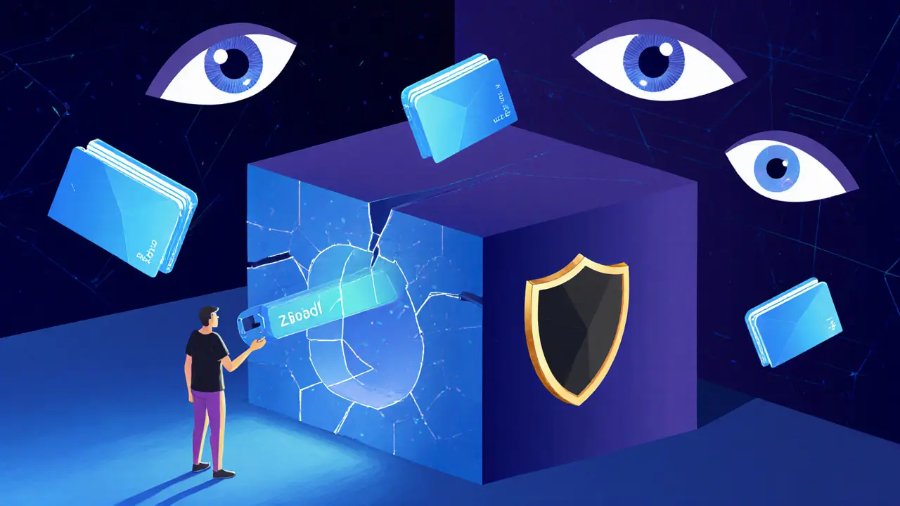 A user sends a shielded Zcash transaction while AI surveillance eyes watch from the shadows.