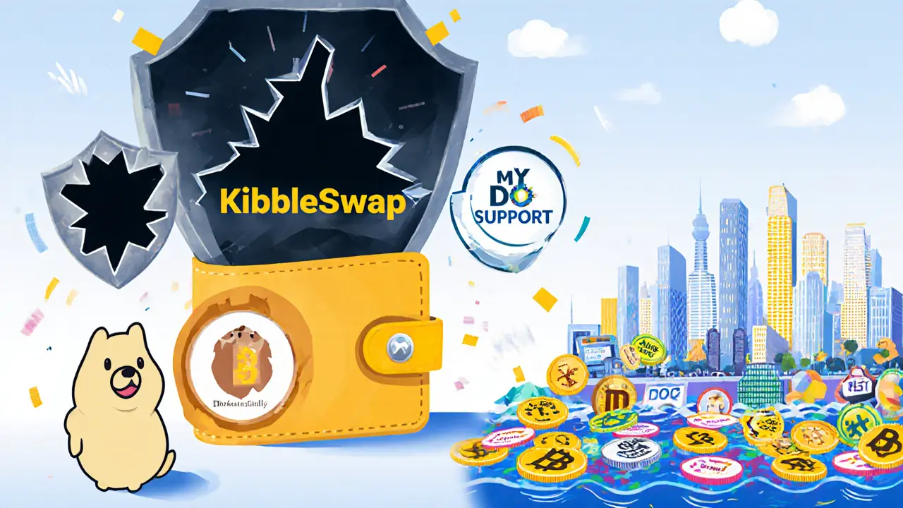 A wallet connects to KibbleSwap on DogeChain, with a broken audit shield and shadowy no-support void looming, while meme tokens swirl in a tiny liquidity pool.