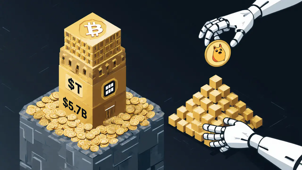 Bitcoin tower protected by a .7B moat vs. fragile Dogecoin pyramid being toppled.