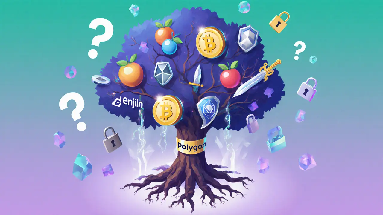 Blockchain tree with three types of token fruits, rooted in major platforms, in geometric style.