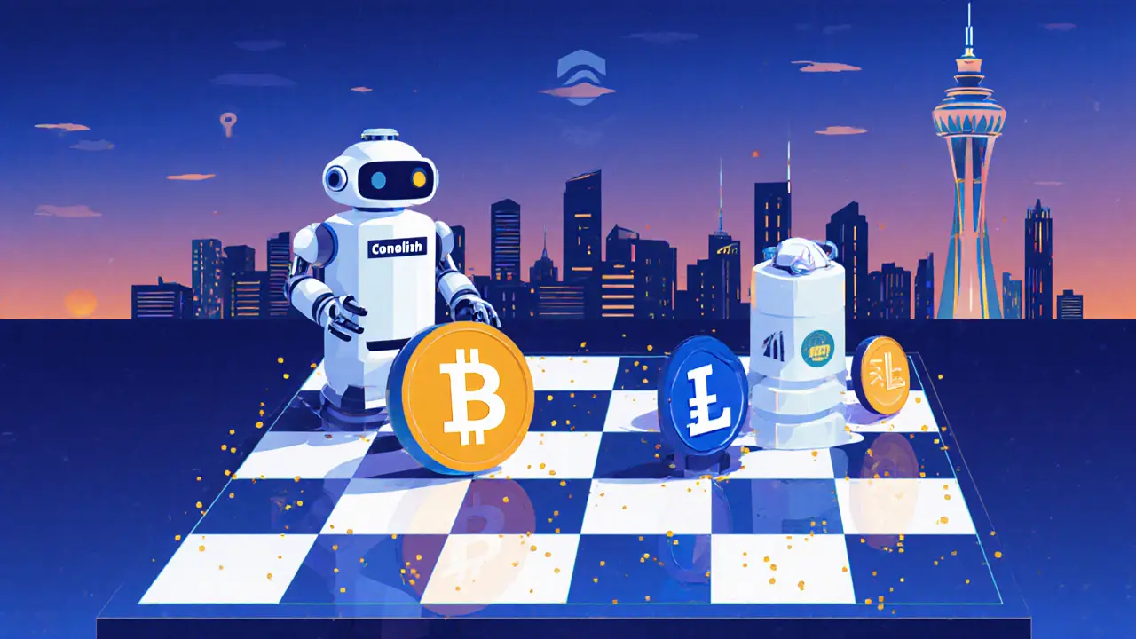 Chessboard with crypto assets and trading bots making moves, set against Singapore skyline.