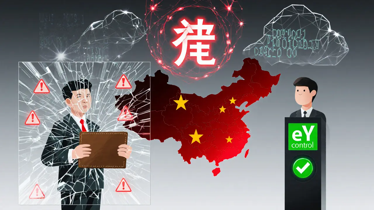 Contrasting figures: one with seized crypto wallet, another using state-controlled digital yuan.