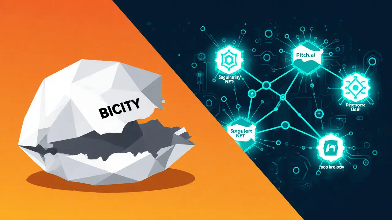 Contrasting geometric designs: dead BICITY shell vs. thriving AI crypto network with active data streams.