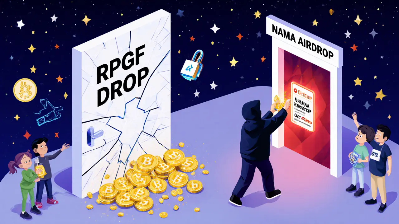 Cracked airdrop portal with NAM tokens flowing out, while a phishing attempt fails beside it, with verified contributors celebrating.