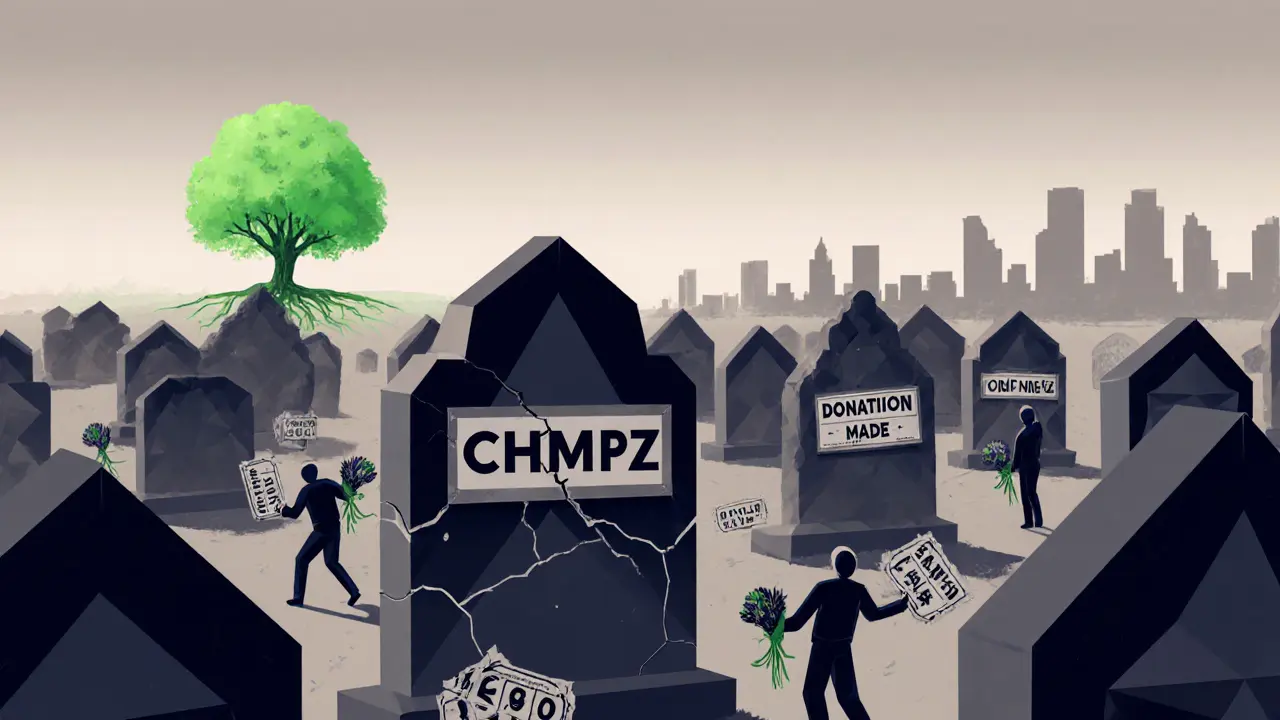 Crypto token graveyard with CHMPZ tombstone, tiny figures holding lottery tickets, faint green tree in distance.