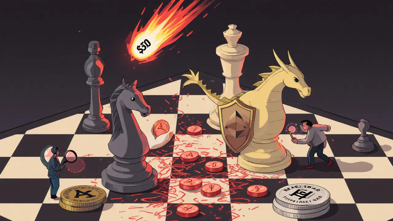DeFi protocols as chess pieces on a billion-dollar board, with mercenary capital moving and one collapsing.