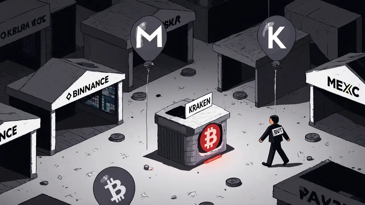 Deserted crypto marketplace with only one small booth left, a lone figure walking away.