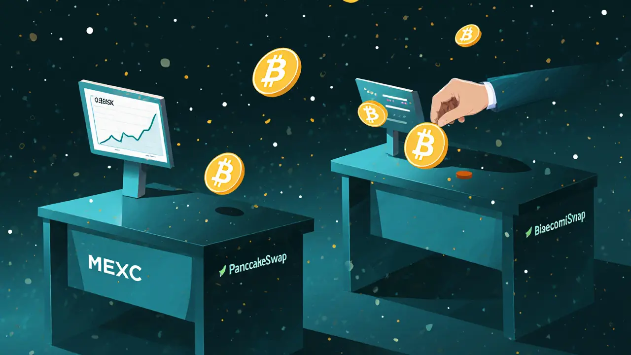 Empty trading floor with floating BIT tokens and a steady volume graph under dim lighting.