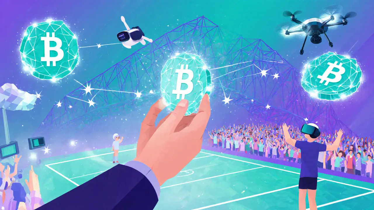 Fan stepping onto a glowing bridge to a virtual stadium, tokens transforming into AR experiences.