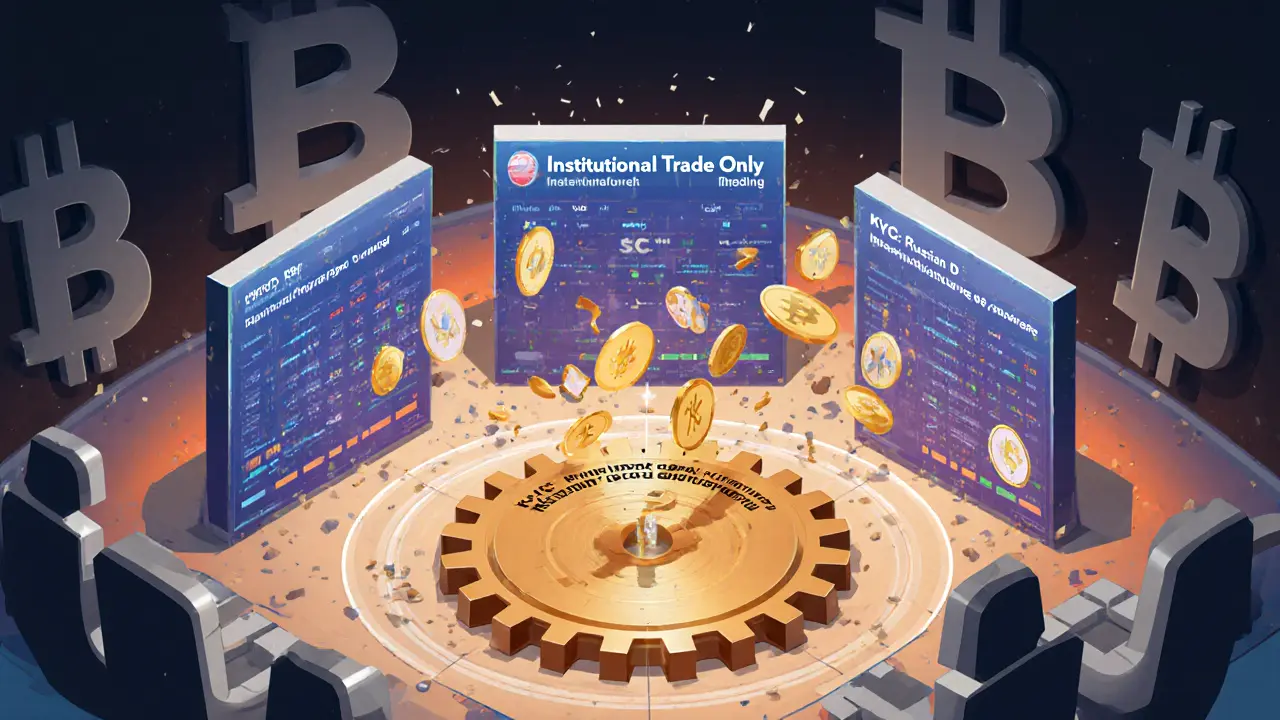 Futuristic Russian control room monitoring compliant institutional crypto trades with state infrastructure at center.