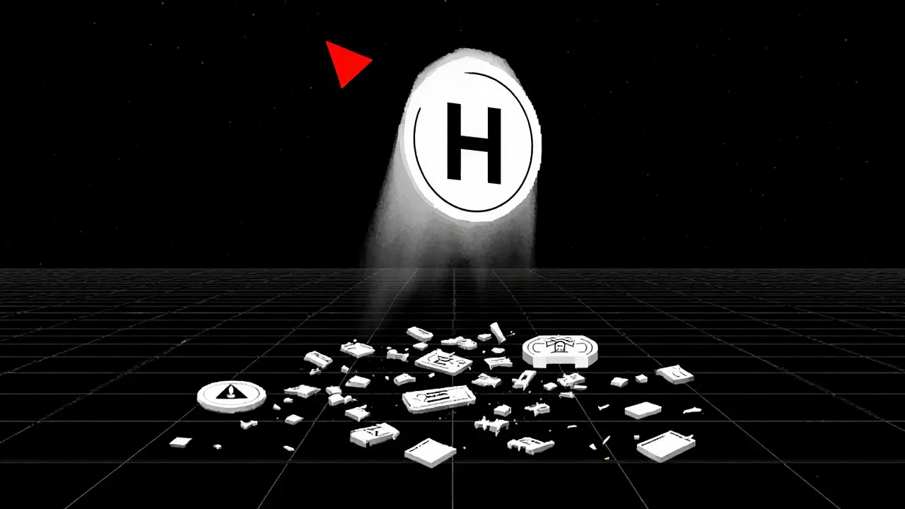 Ghostly HAI token floating alone with broken ecosystem icons below in dark void.