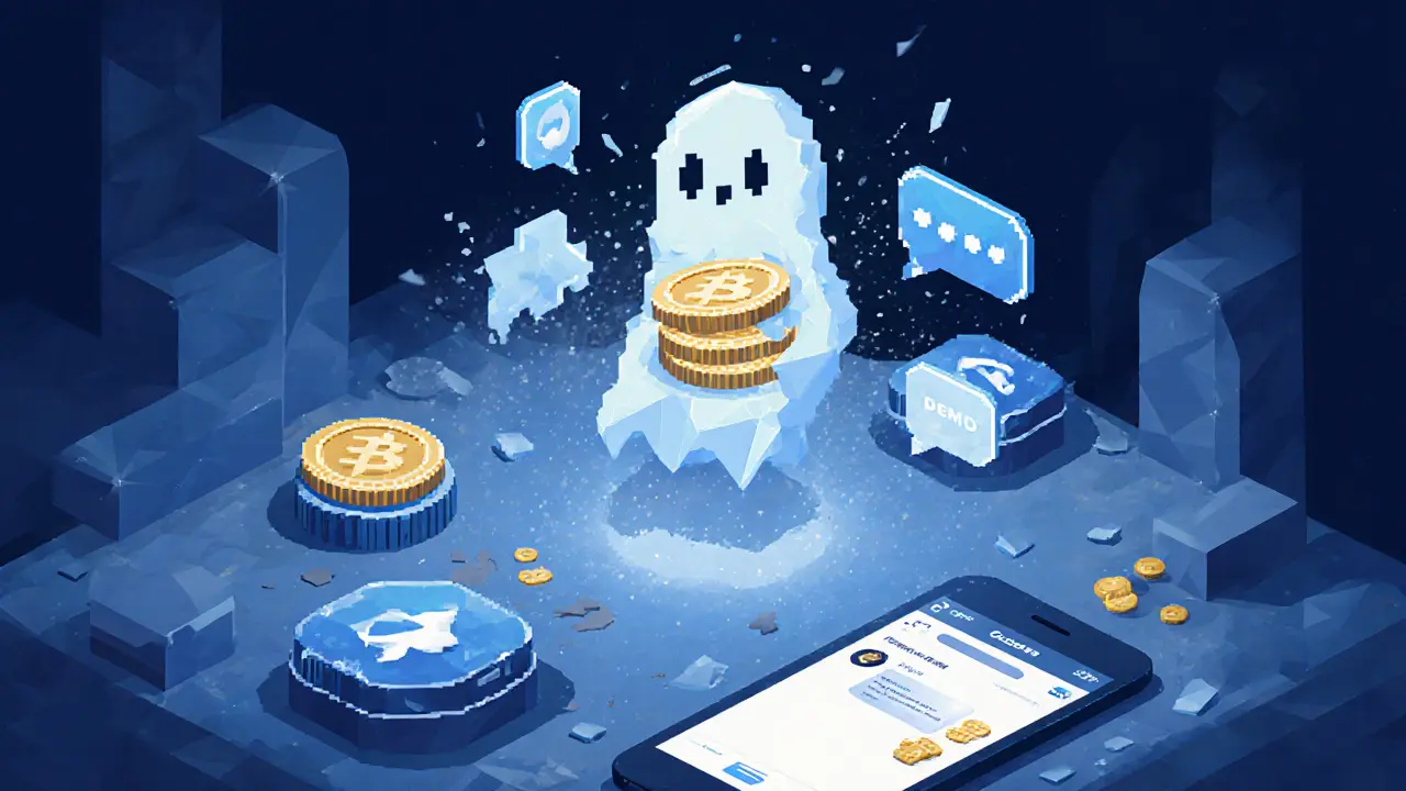 Ghostly token figure above a deserted digital landscape with broken AI tools and silent chats.