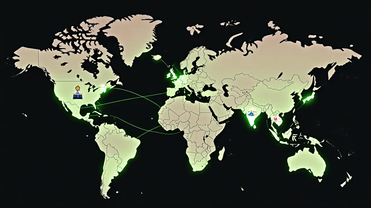 Global map of hexagons connected by glowing paths showing cross-border flow of renewable energy credits.