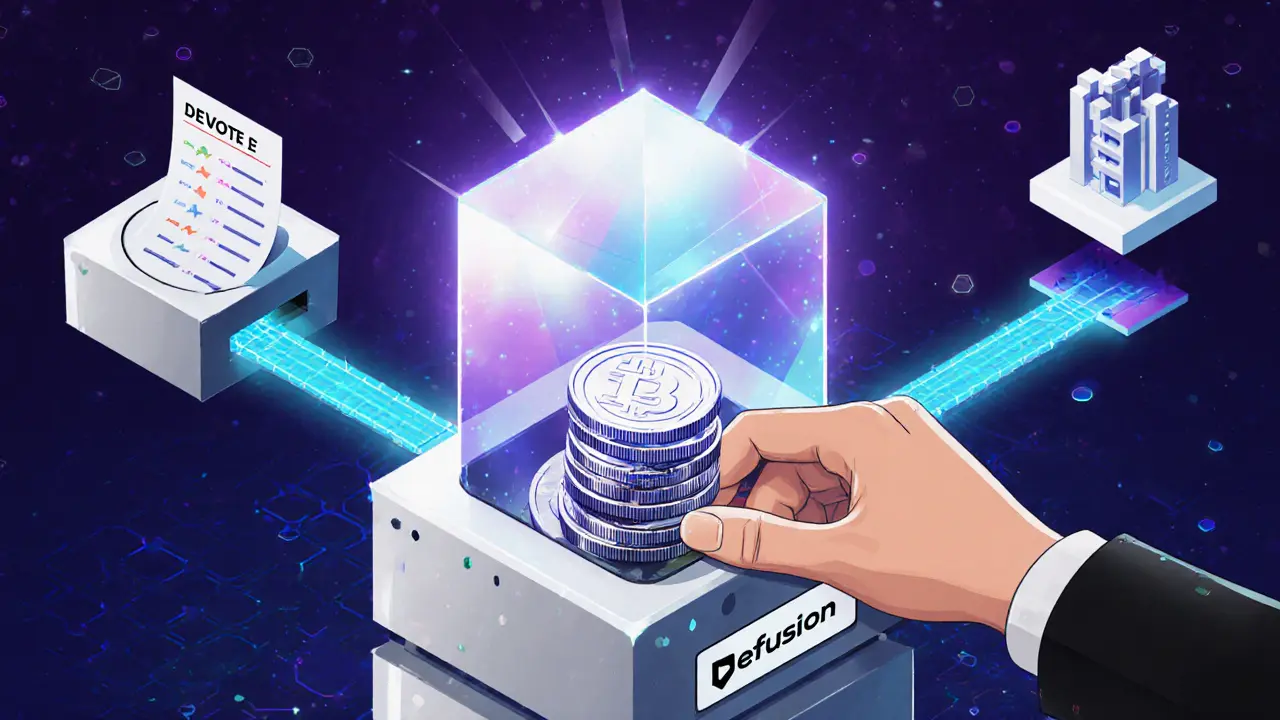 Hand placing tokens into a machine that transforms them into an NFT prism with three pathways.