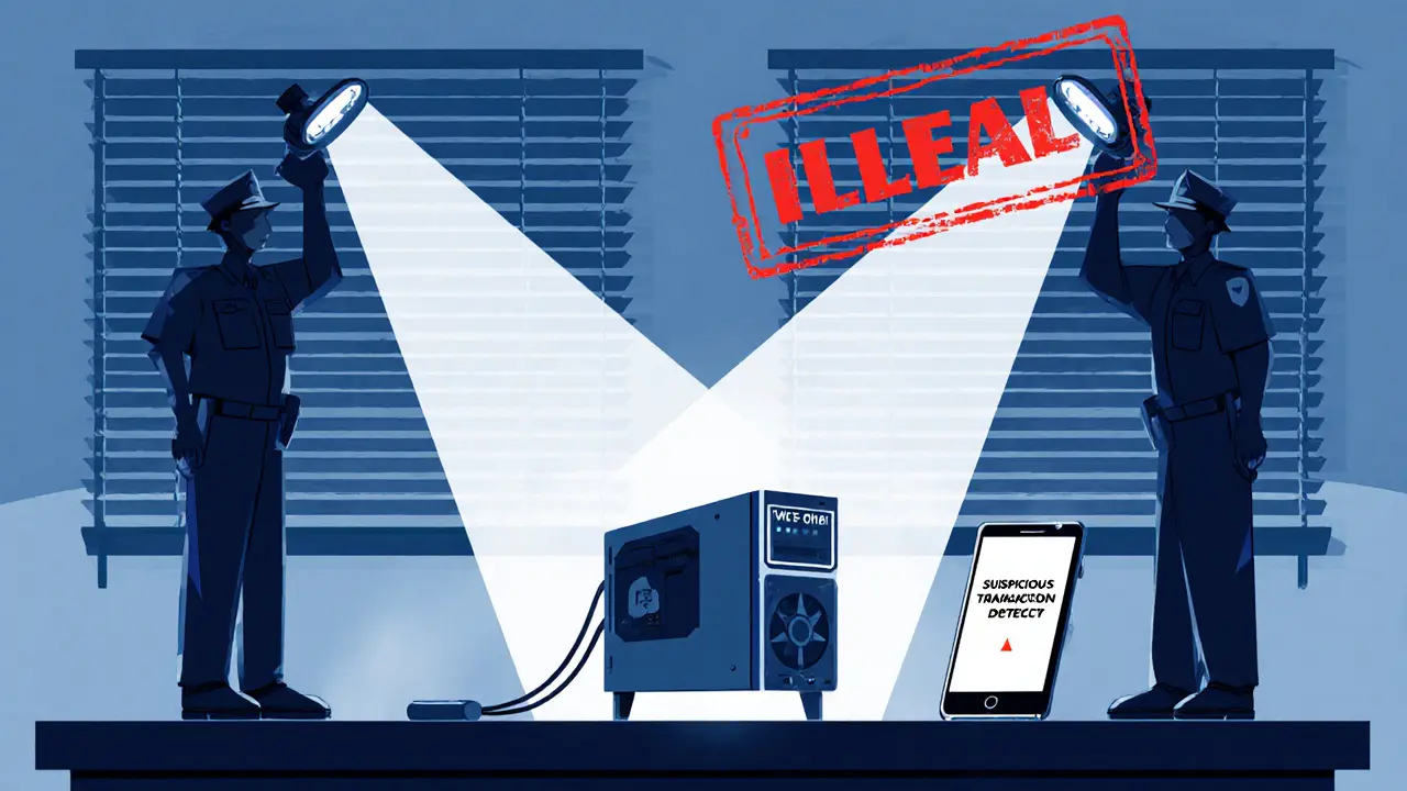 Home with mining rig under police spotlight, flagged by digital surveillance alert.