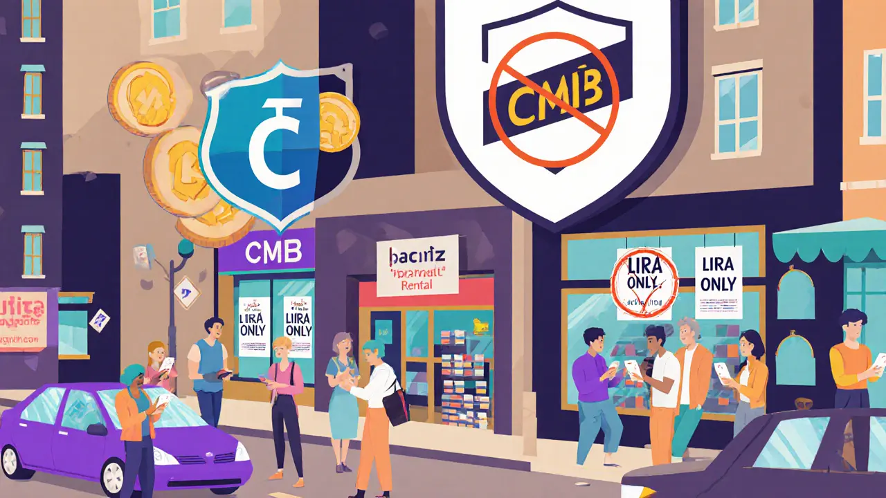 Istanbul street with crypto trading apps in use but stores displaying &#039;Lira Only&#039; signs.