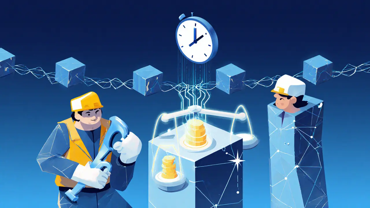 Miners solving a puzzle to add a block to a chain, with clock and energy waves around it.