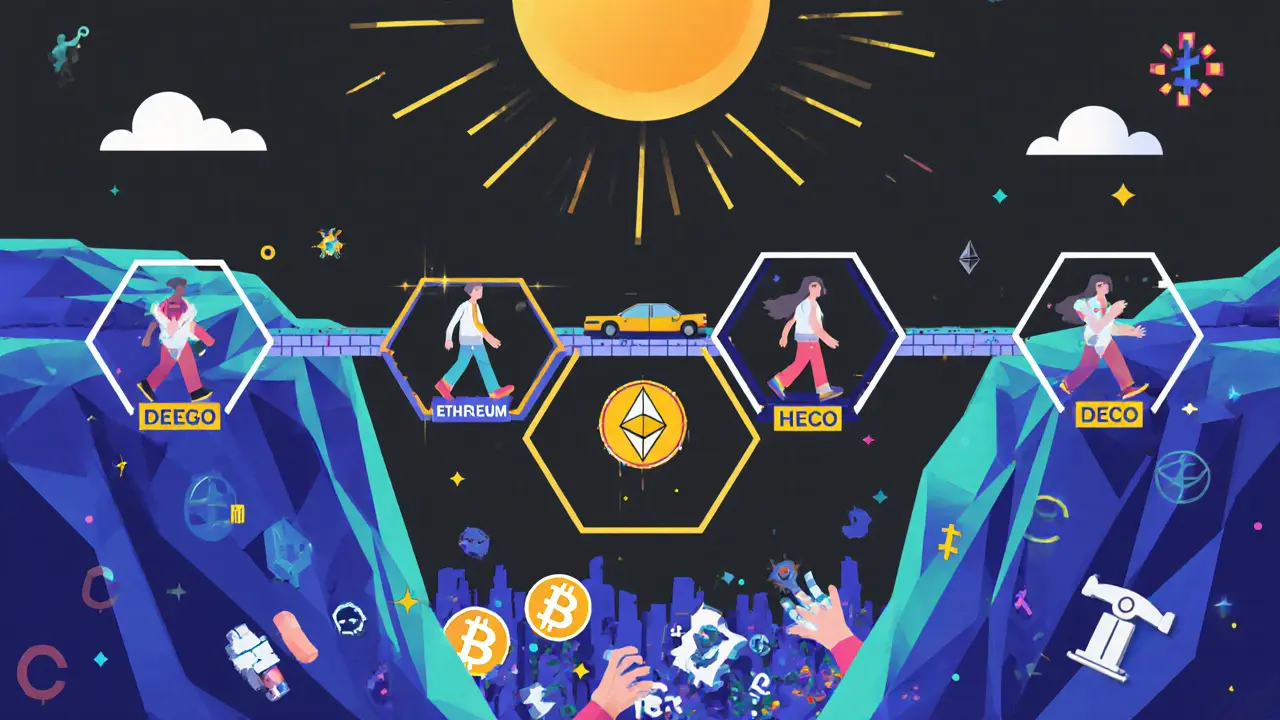 Multi-chain bridge made of hexagons with DEGO token moving smoothly across Ethereum, BSC, and HECO.