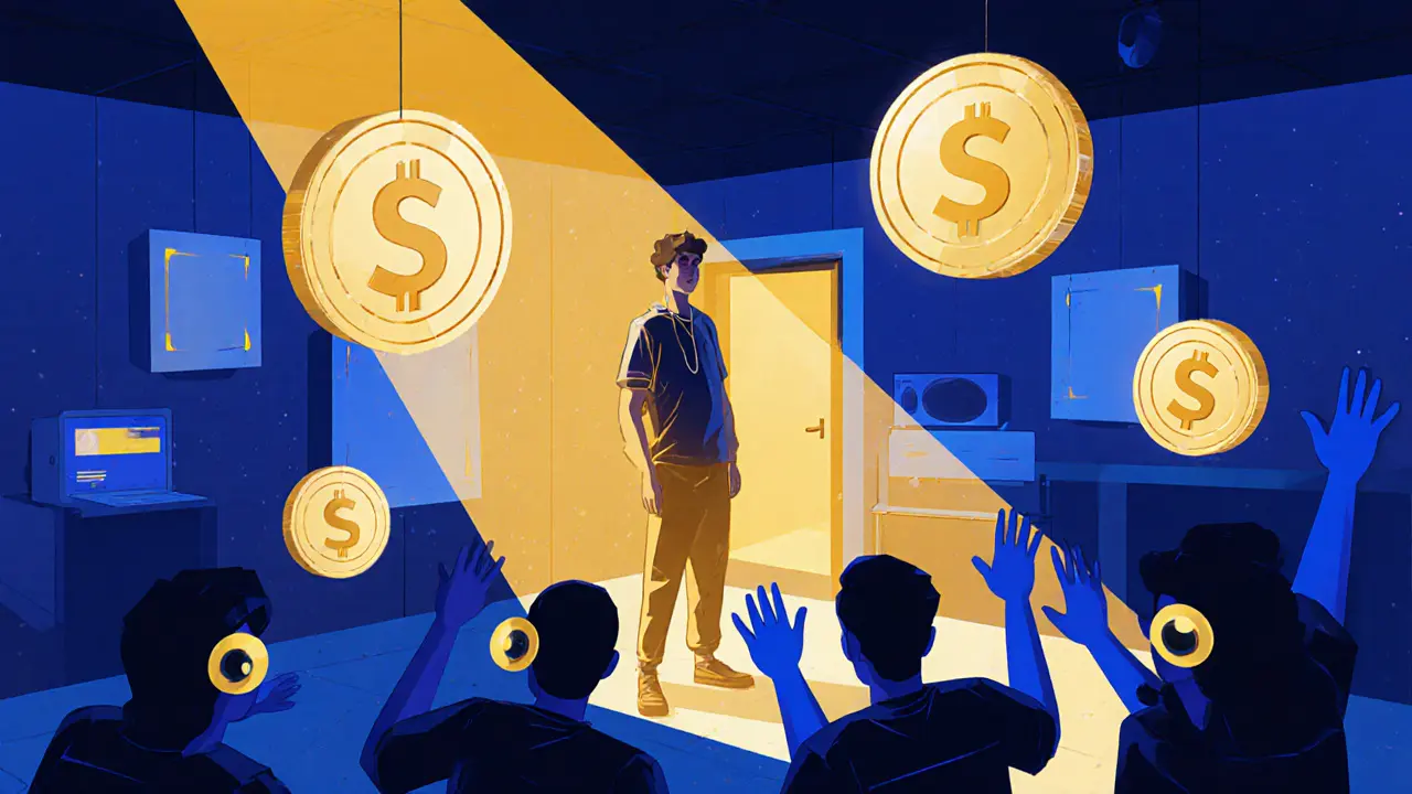 Music artist surrounded by floating tokens unlocking exclusive content in a minimalist studio.