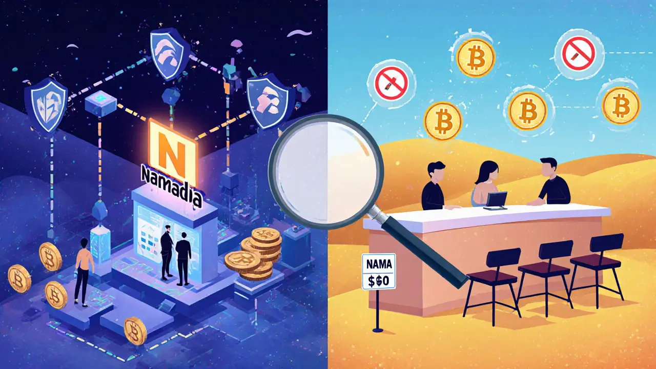 Split landscape: thriving privacy network on left, lonely NFT lending counter with <h2>What You Should Do Now</h2> tokens on right, highlighting the difference between projects.