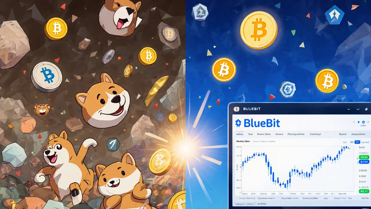 Split scene: chaotic meme coins vs. calm BlueBit trading terminal with five major cryptocurrencies in geometric form.