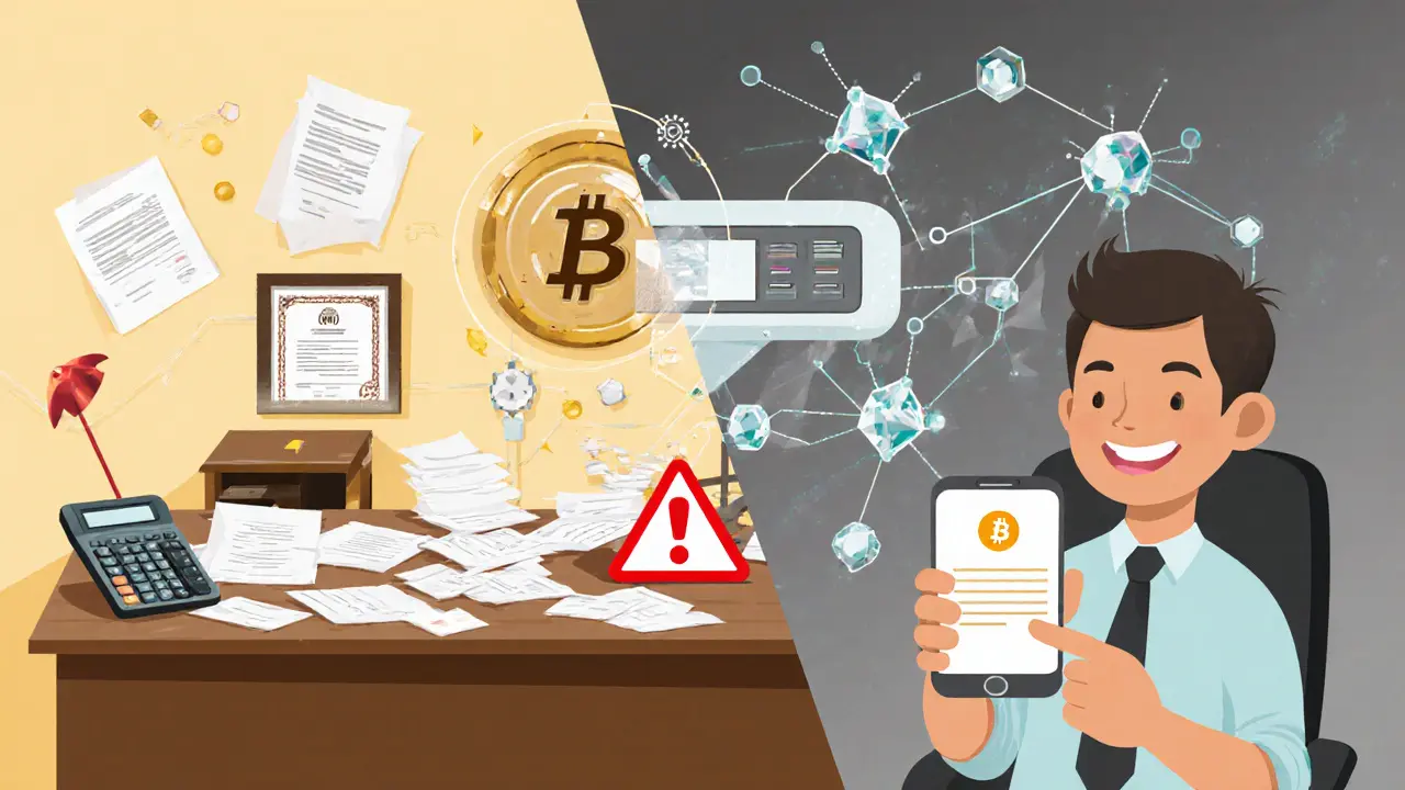 Split scene: messy paper certificates vs. clean digital blockchain system with SMS notification for a homeowner.