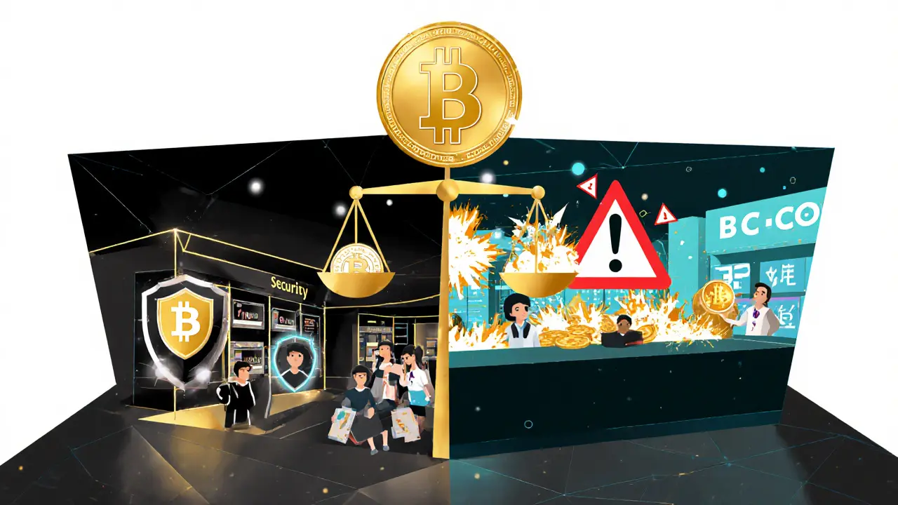 Split scene: secure Korean exchange vs chaotic foreign platform, balanced by a digital won coin.