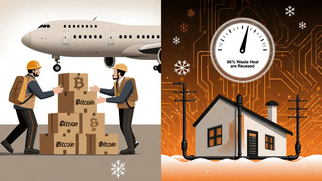 Split scene showing miners leaving Sweden and waste heat from mining warming a Swedish home.