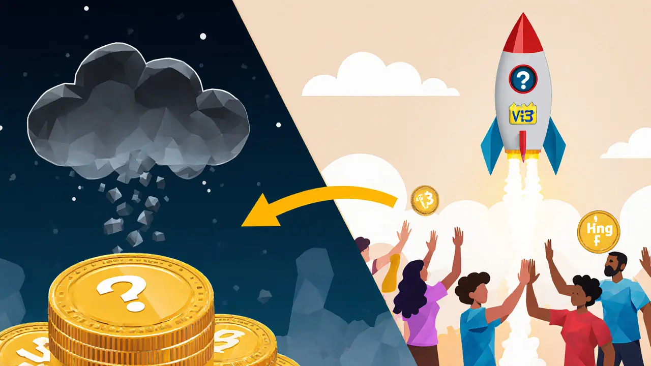 Split scene showing regulatory risk on one side and community growth with incentive rocket on the other, pointing to Uniswap v4&#039;s future arrival.
