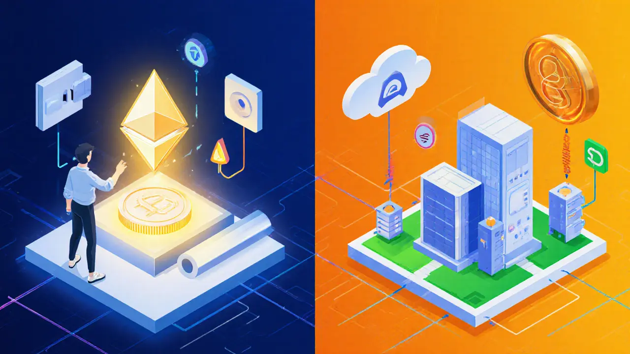 Split-screen geometric view of staking, lending, and swapping in DeFi with color-coded vaults and tokens.