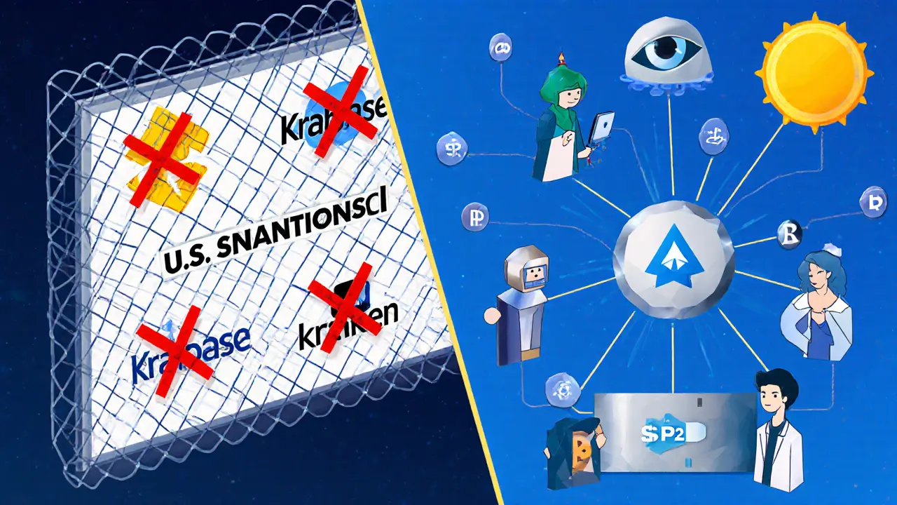 Split-screen showing blocked Western exchanges versus Russia&#039;s approved P2P and state crypto gateway.
