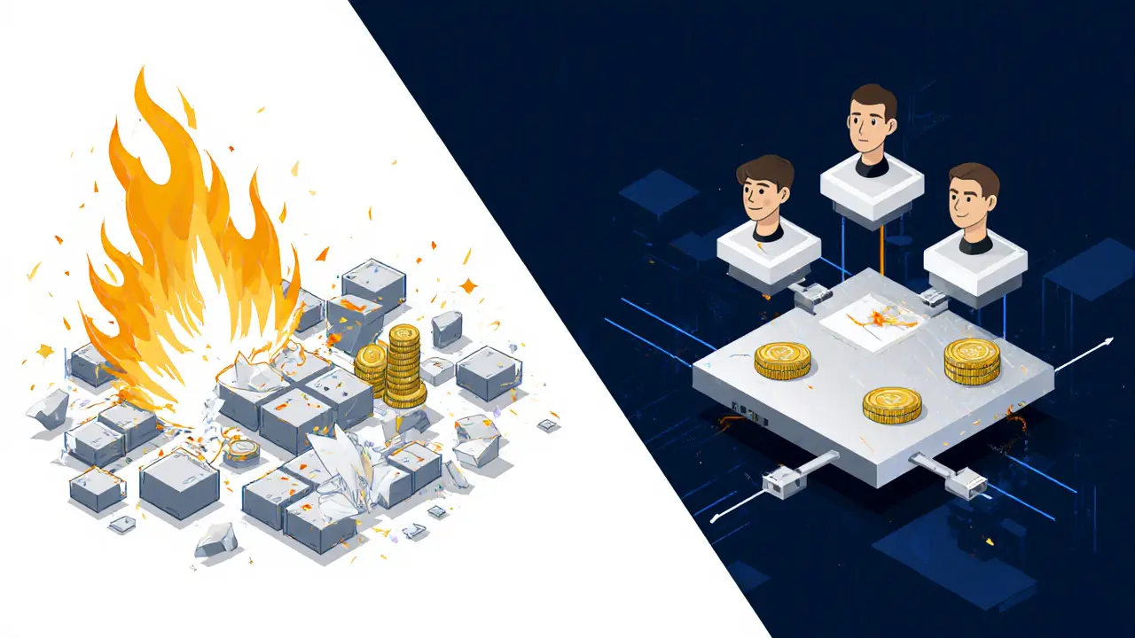 Split-screen showing chaotic old token contracts versus a streamlined ERC-1155 system transferring assets.