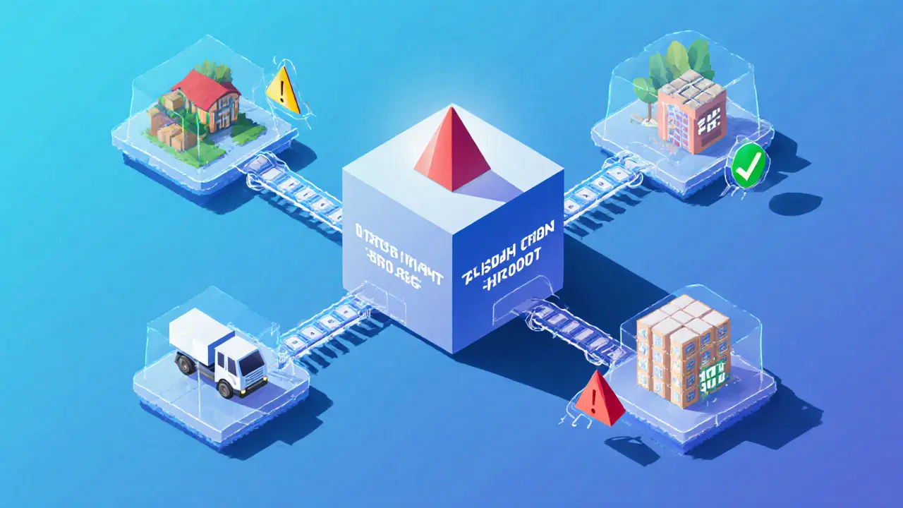 Supply chain block connected to farm, truck, and store icons with timestamps and tamper warning.