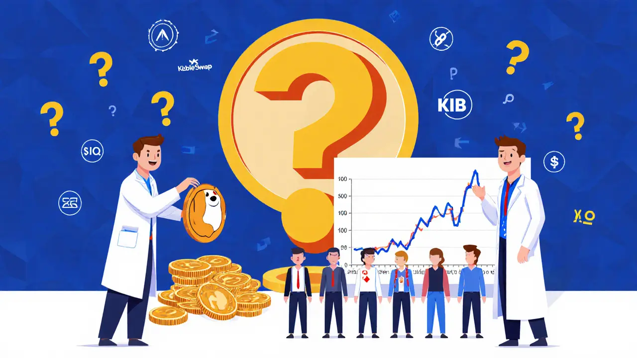 Two users: a developer handing a meme coin to a small crowd at KibbleSwap, and a gambler staring at a soaring price chart, surrounded by empty forums and broken security icons.