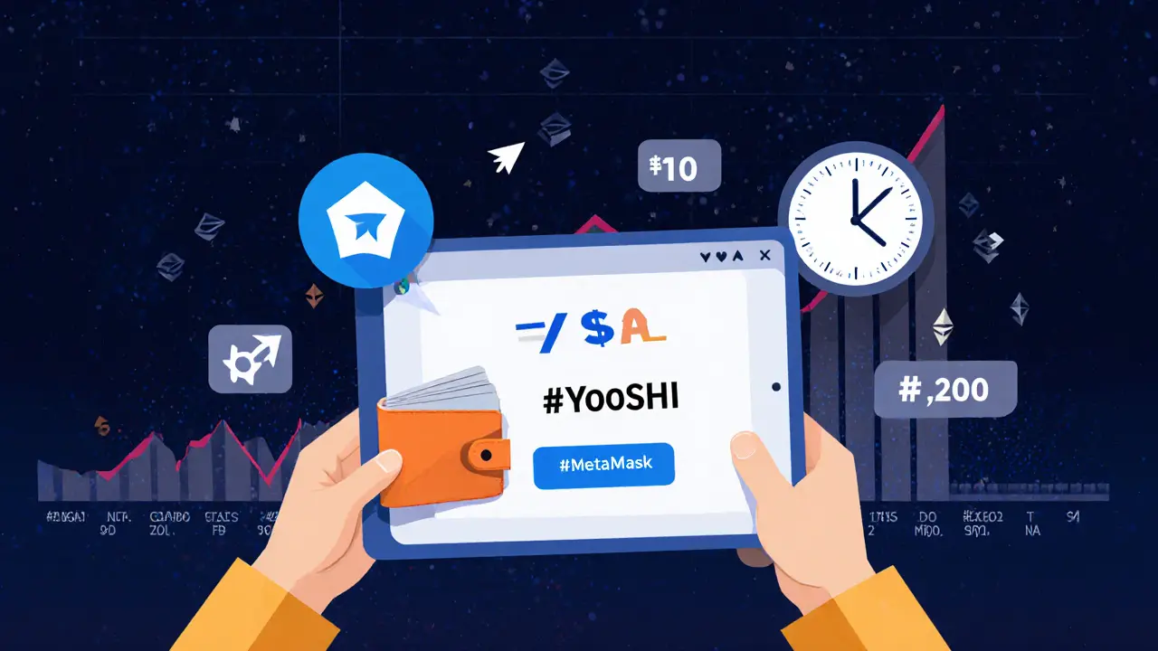User connecting wallet to claiming portal with hashtags and BSC nodes around