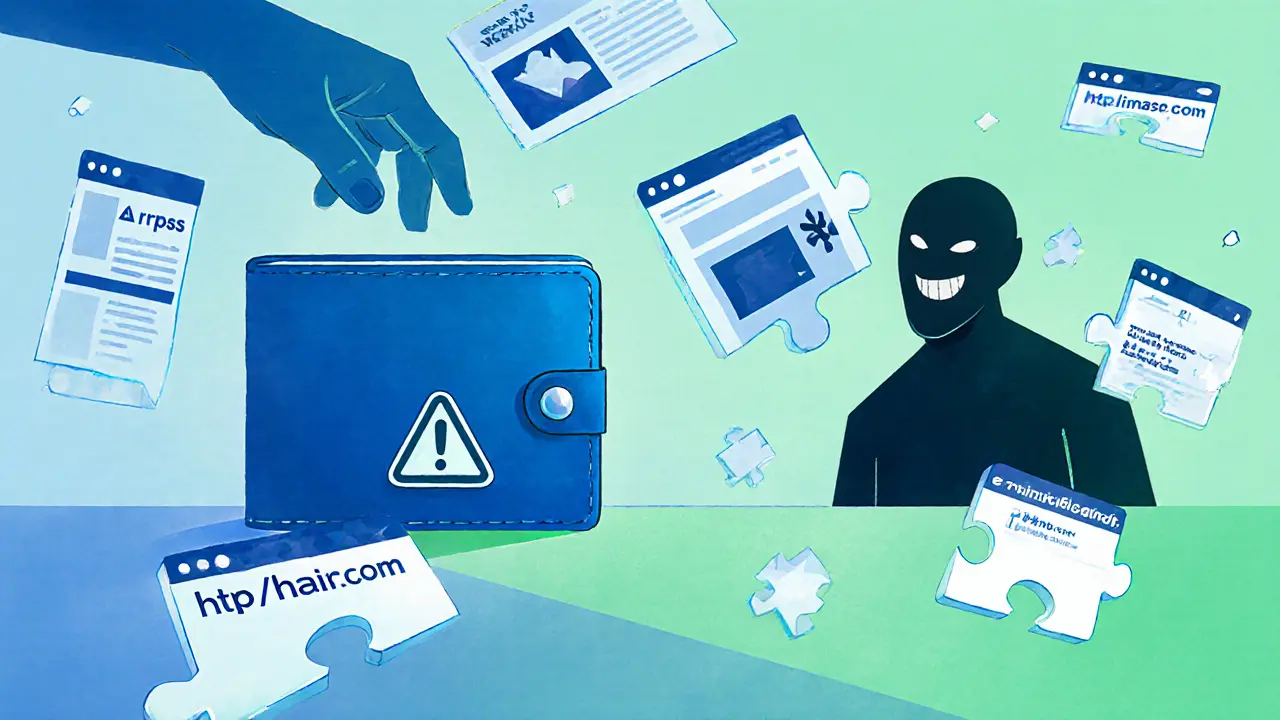 Wallet surrounded by scam websites shaped as jagged pieces, shadowy figure watching.