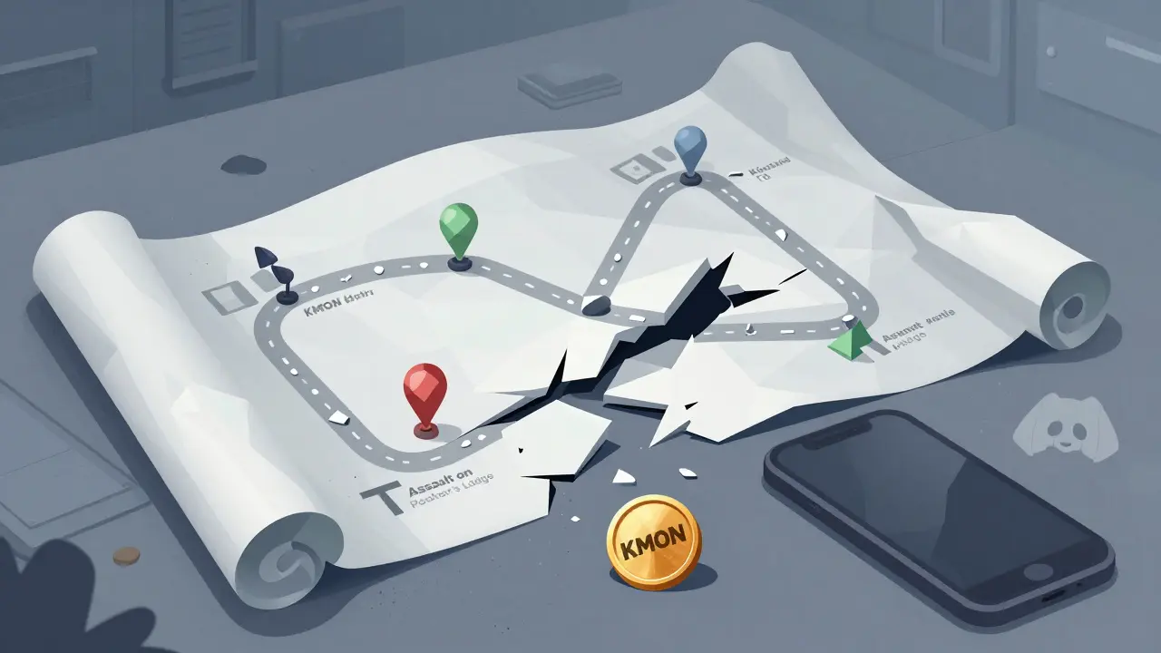 A crumbling roadmap with abandoned game features dissolving into geometric shards.