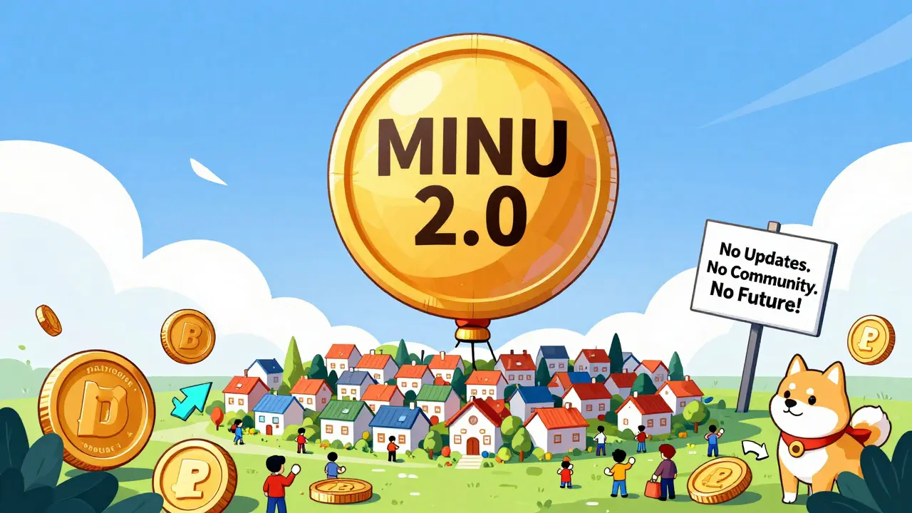 A deflating MINU 2.0 balloon over a tiny village, contrasted with thriving meme coins in a bustling digital landscape.