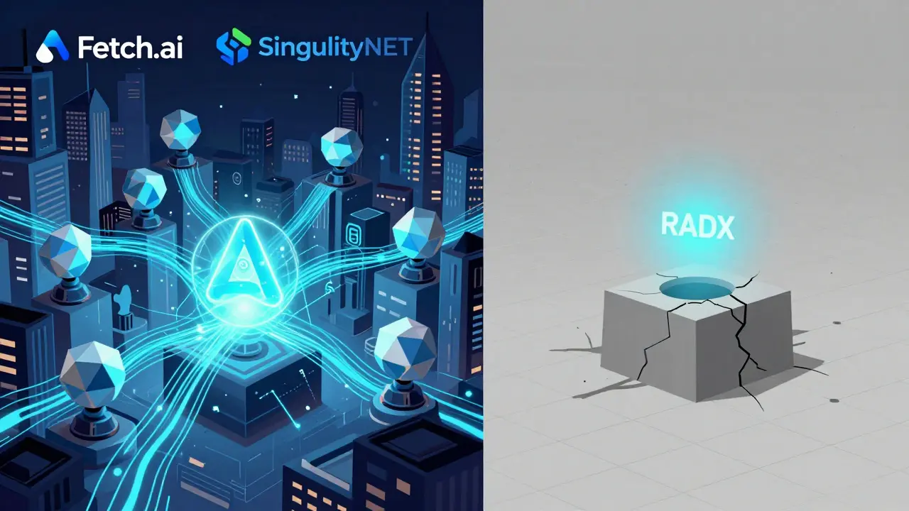 A divided scene: vibrant AI network on one side, empty grid with lone RADX label on the other.