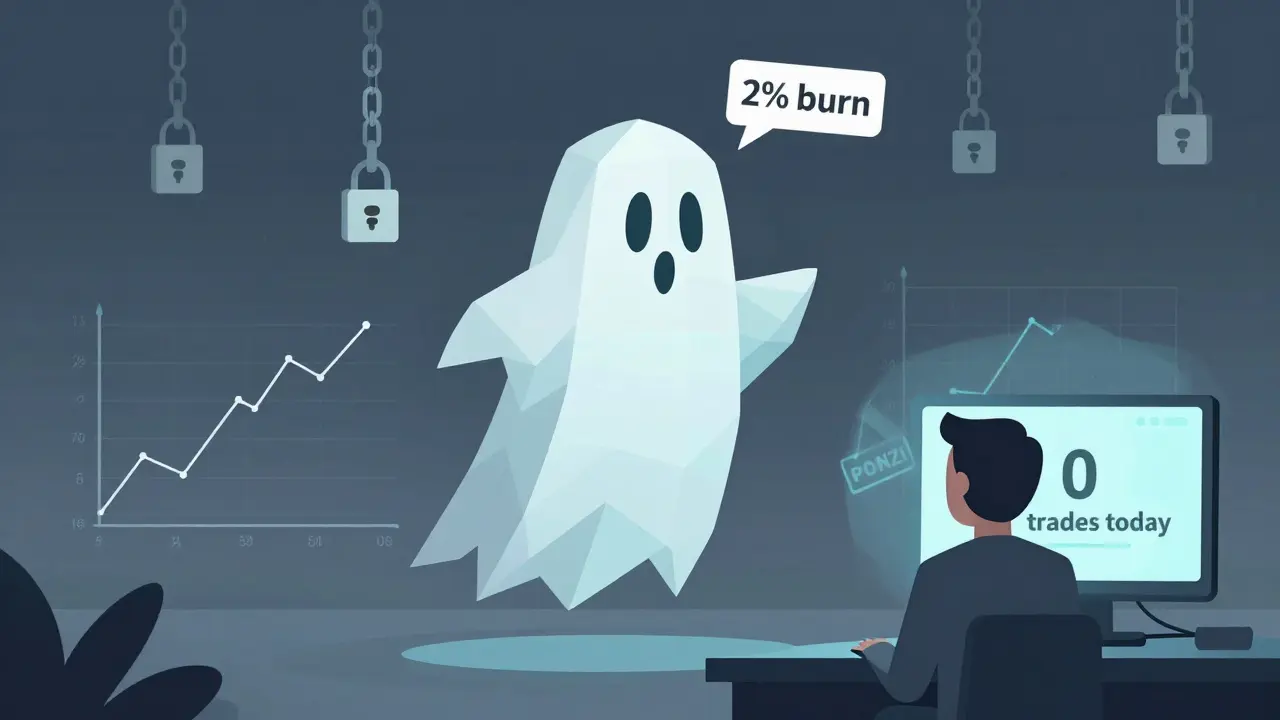 A hollow token contract with useless burn labels and locked liquidity chains floating in empty trading space.