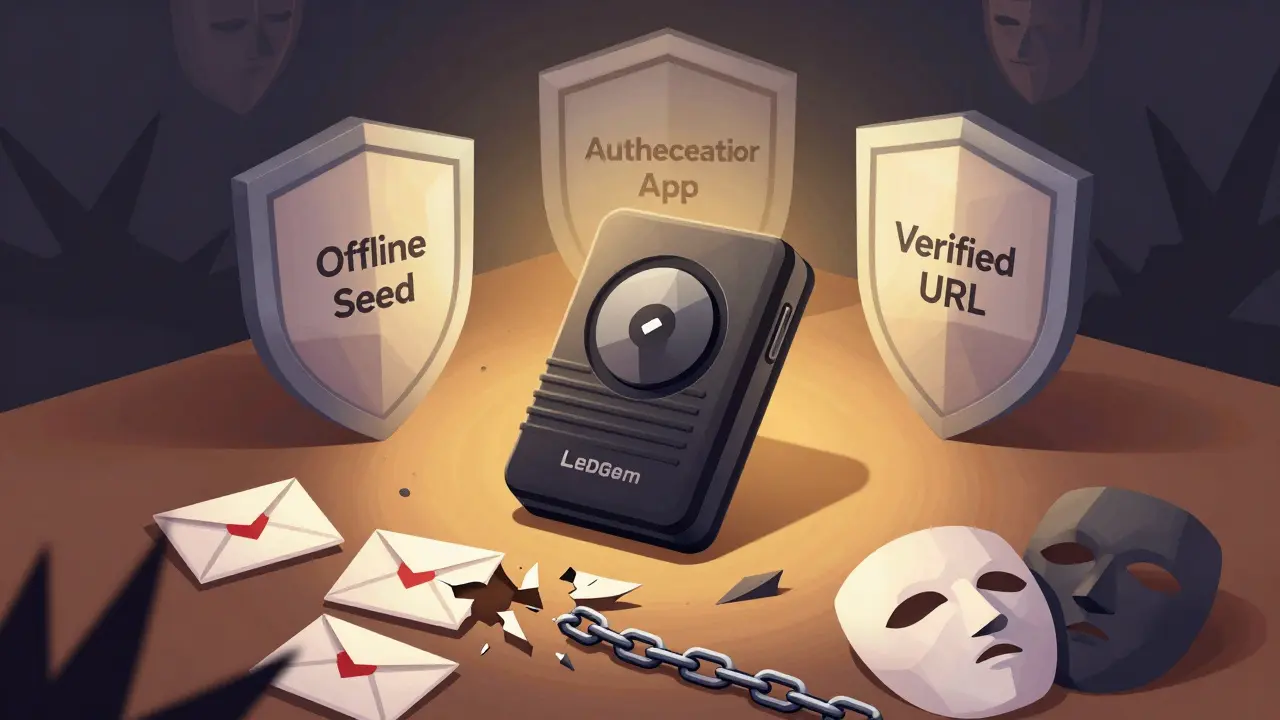 A secure hardware wallet protected by shields against phishing scams, in geometric illustration.