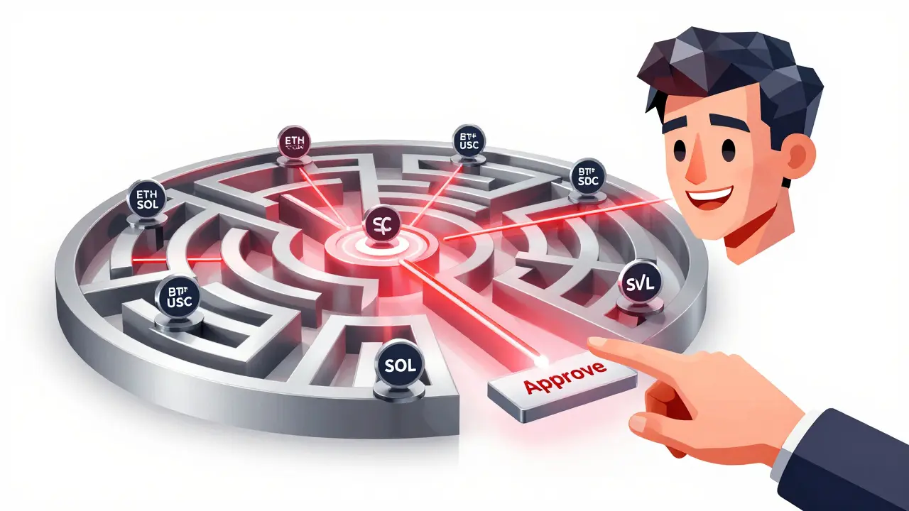 A smart contract draining crypto tokens while a deepfake influencer watches, geometric style.