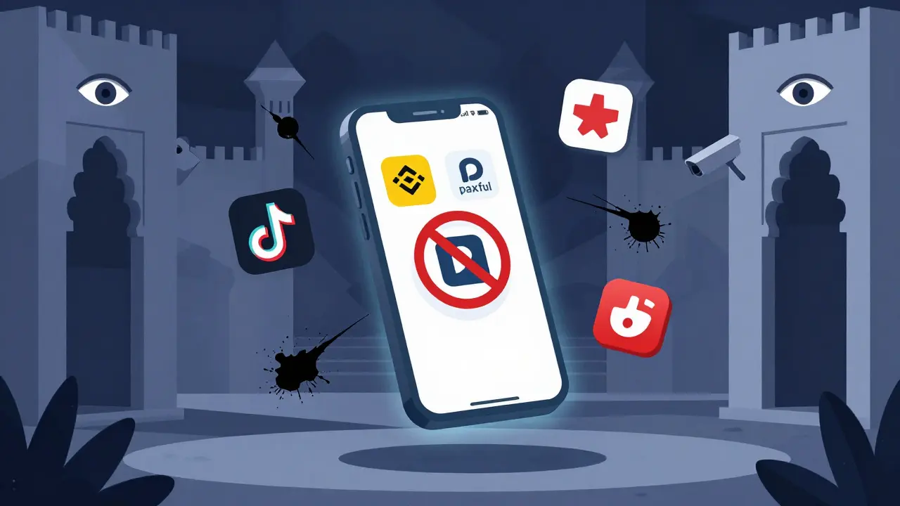 A smartphone with banned crypto apps overlaid by prohibition signs, surrounded by erased social media posts.